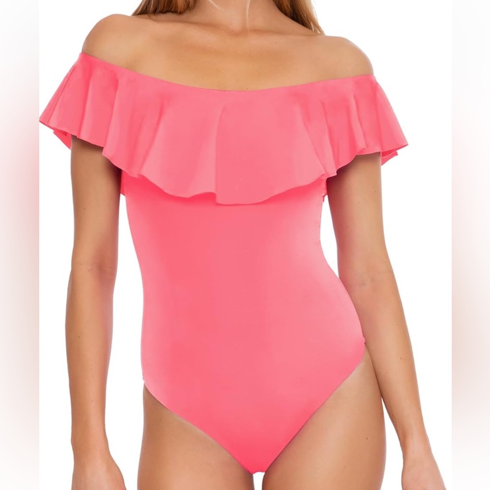 Trina Turk Standard Monaco Ruffle Bandeau One Piece‎ Swimsuit Off Shoulder pink
